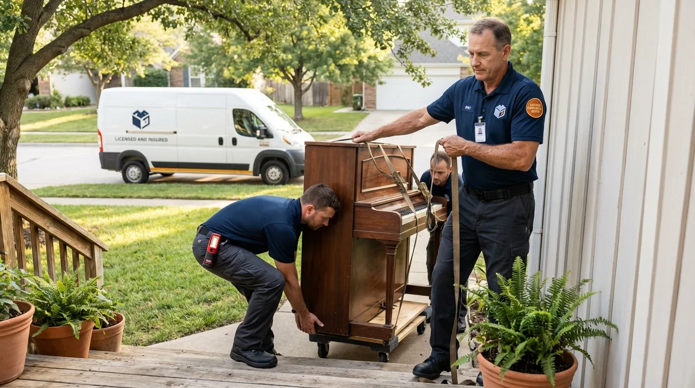 Licensed piano movers securing grand piano in Willow Creek, CA