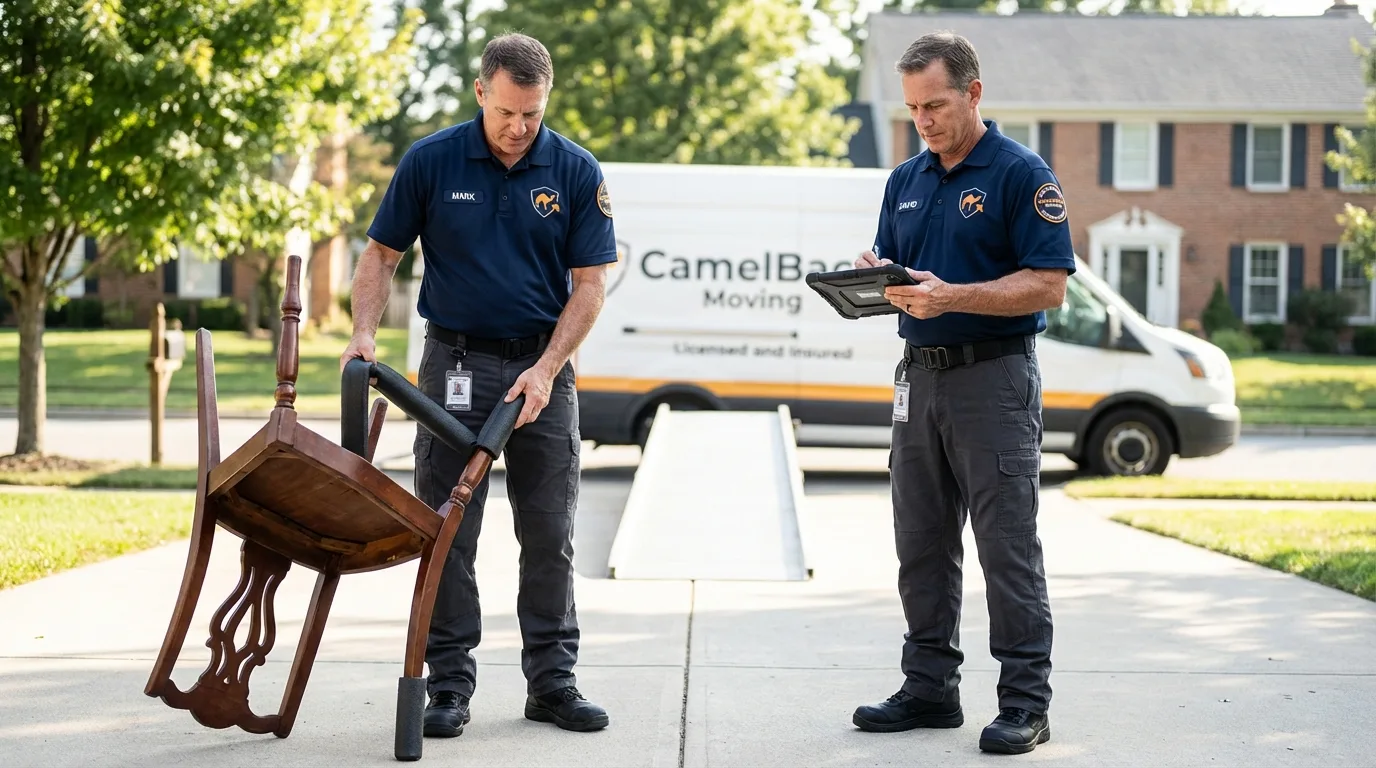 Movers inspecting furniture for damage prevention before loading in Willow Creek, CA