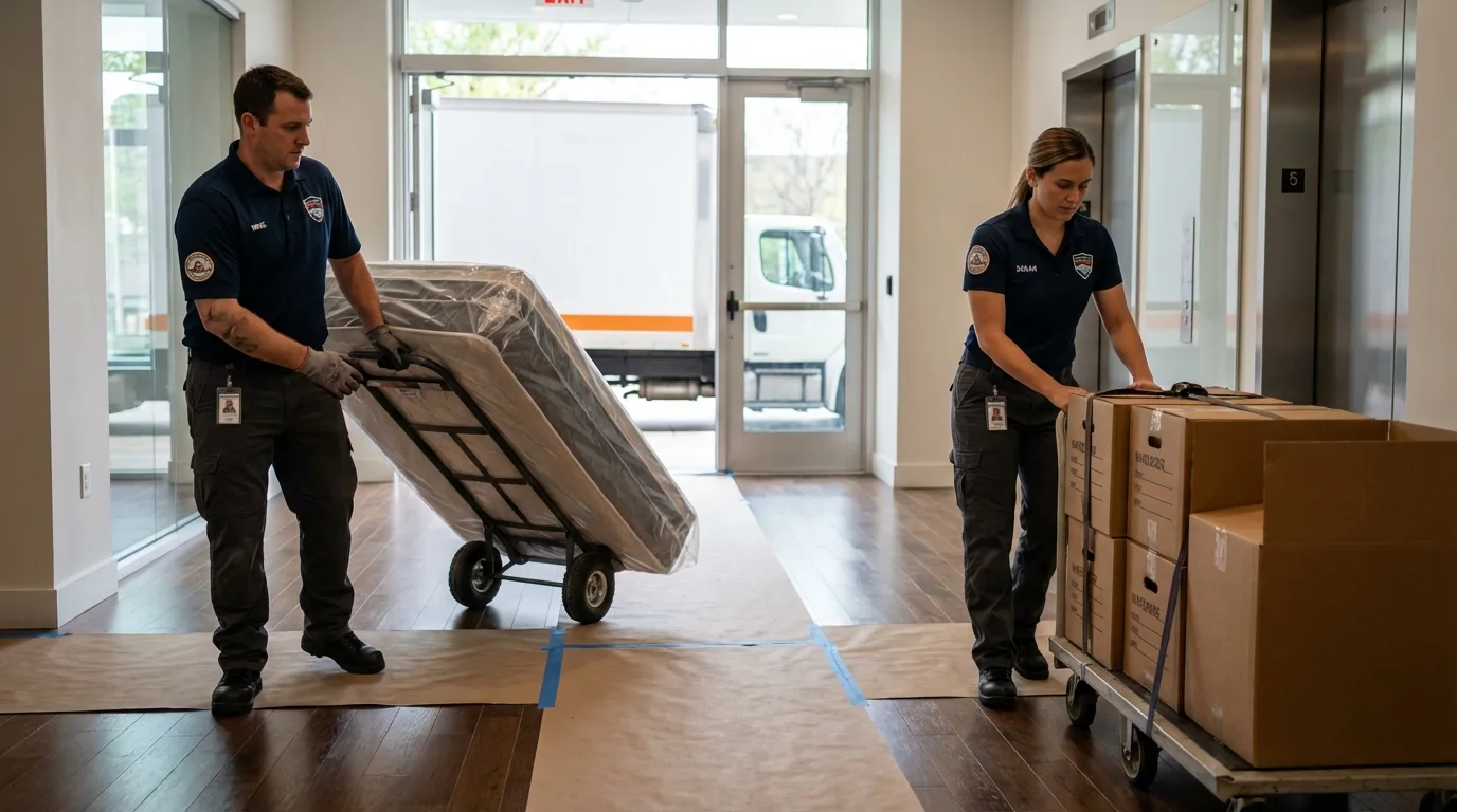 Professional apartment movers loading elevator in Willow Creek, CA