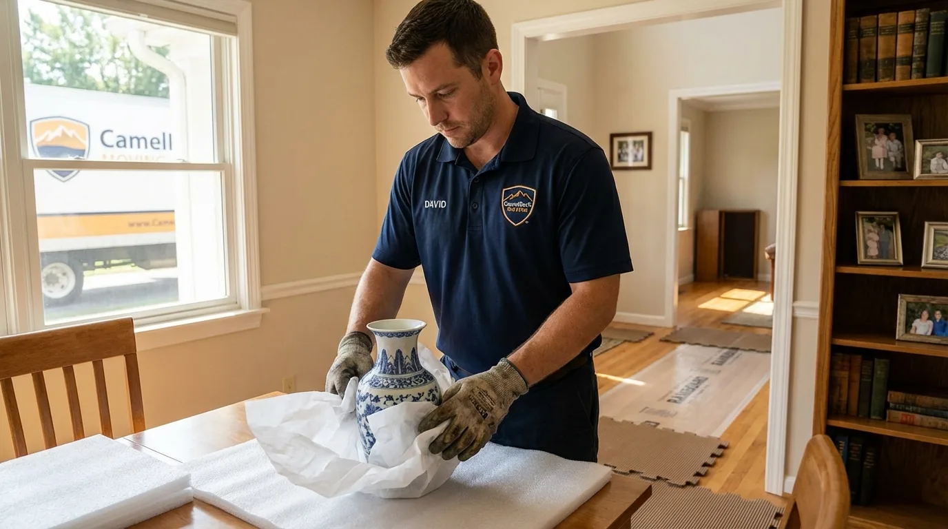 Professional crew carefully wrapping antique vase for senior downsizing move in Willow Creek, CA